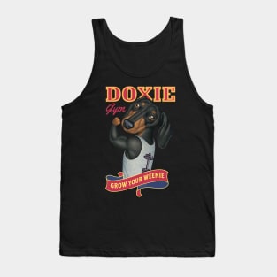 Dachshund going to Doxie Gym to grow your weenie with red trim Tank Top